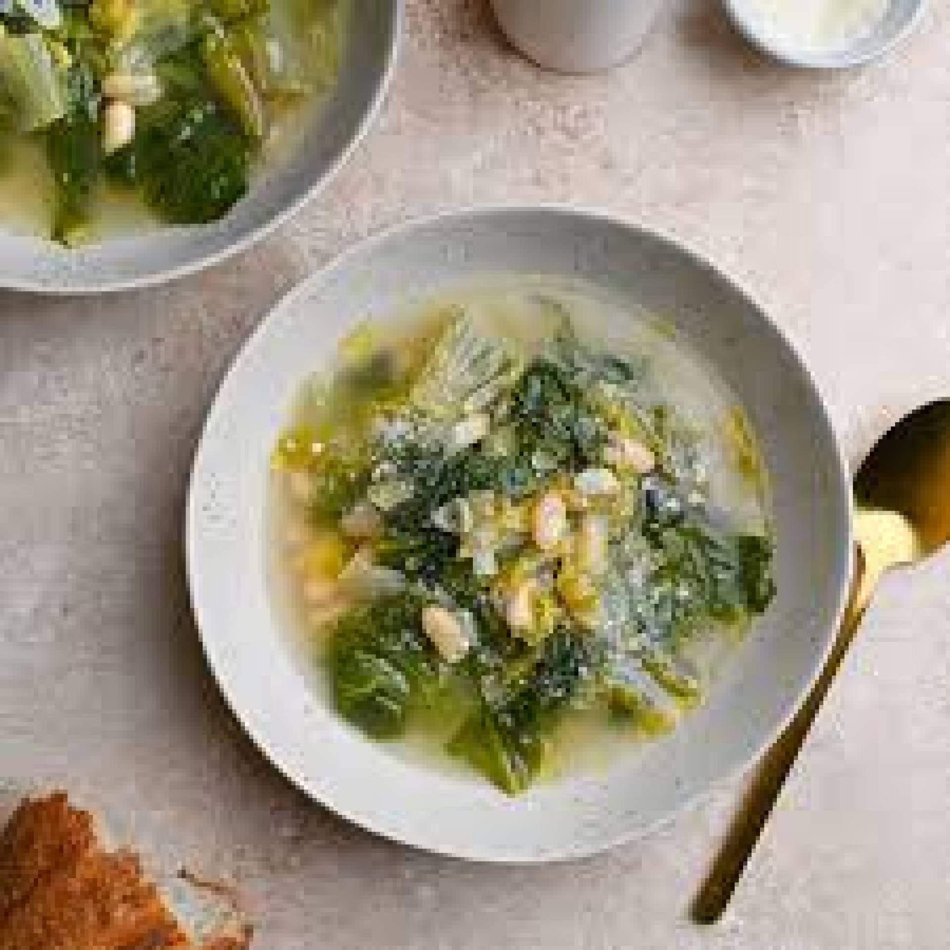 Escarole and White Bean Soup, Apple Cheddar Grilled Cheese