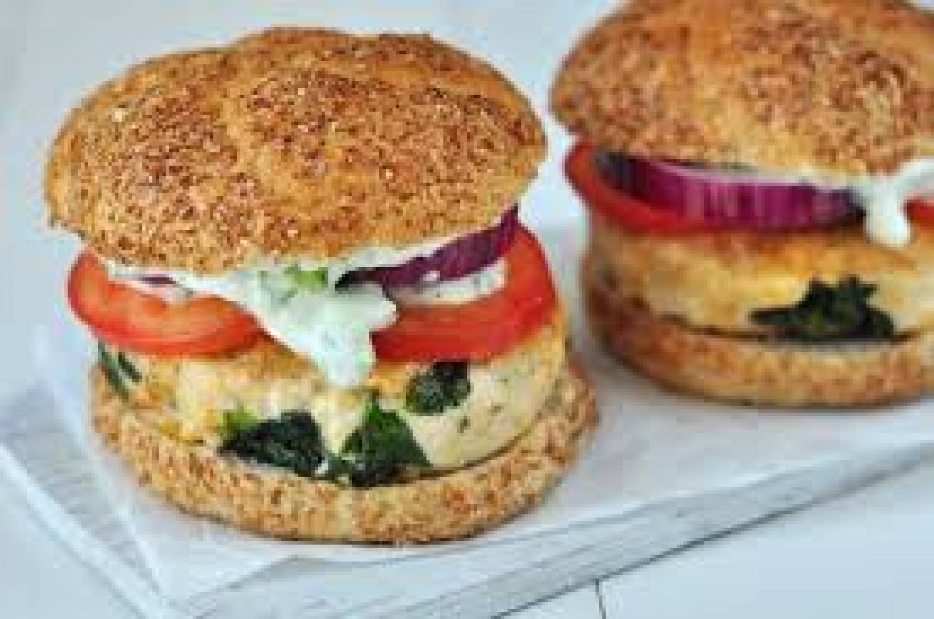 Spinach Feta Chicken Burgers, Dill Sauce, Sweet Potato Fries, Grilled Zucchini