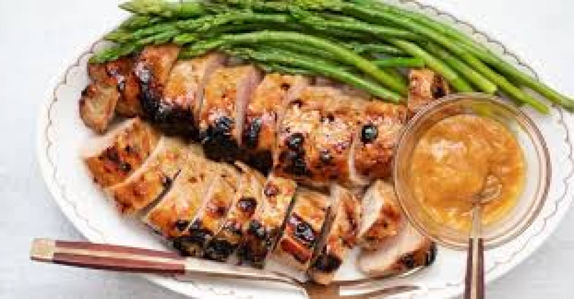 Apricot Mustard Pork Loin, Asparagus with Garlic Chives, Roasted Fingerling Potatoes