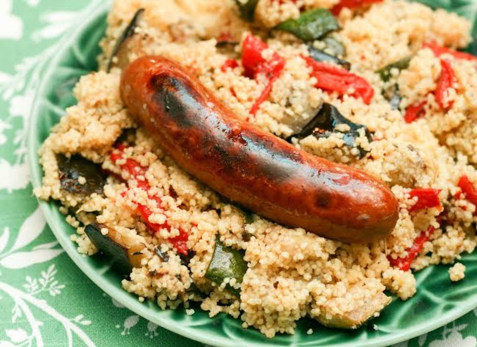DF Oven Baked Lamb Merguez and Chickpeas, Cous Cous and Veggies, Yogurt Mint Sauce