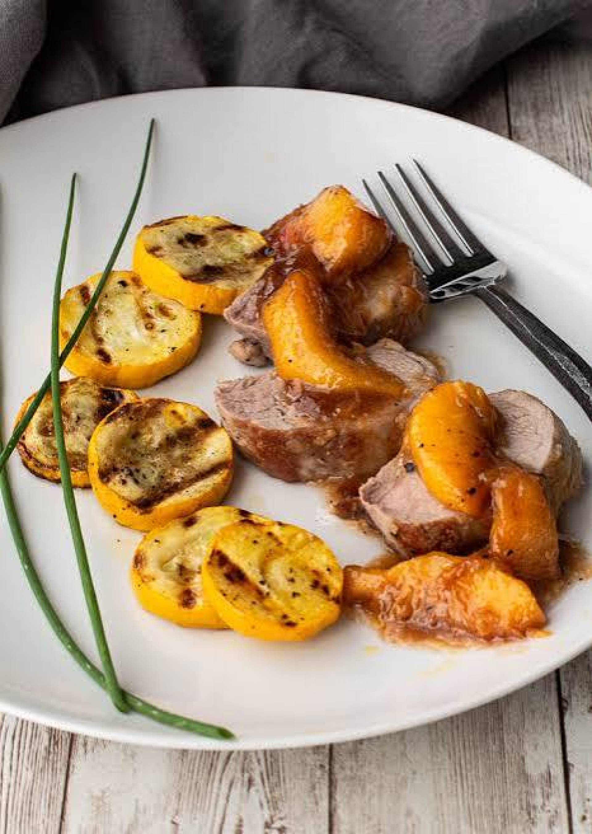Pork Tenderloins with Balsamic Peaches, Sautéed Zucchini and Rice Pilaf