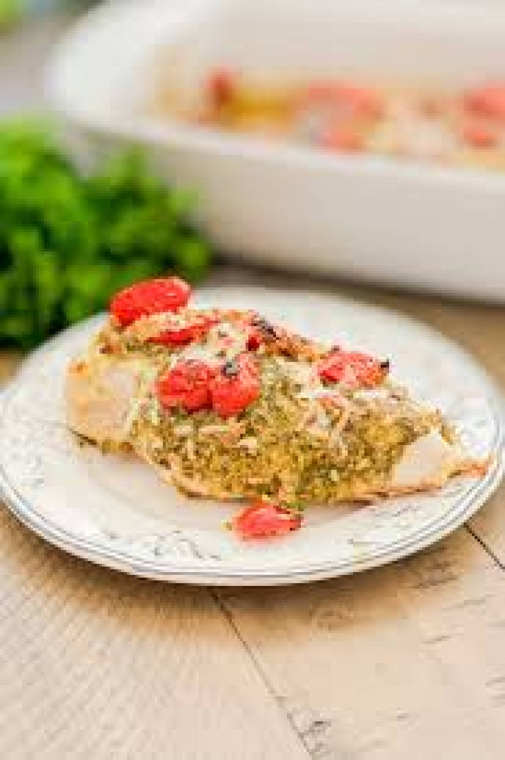 Bruschetta Chicken Breasts with Scape Pesto, Wax Beans, Roasted Red Potatoes