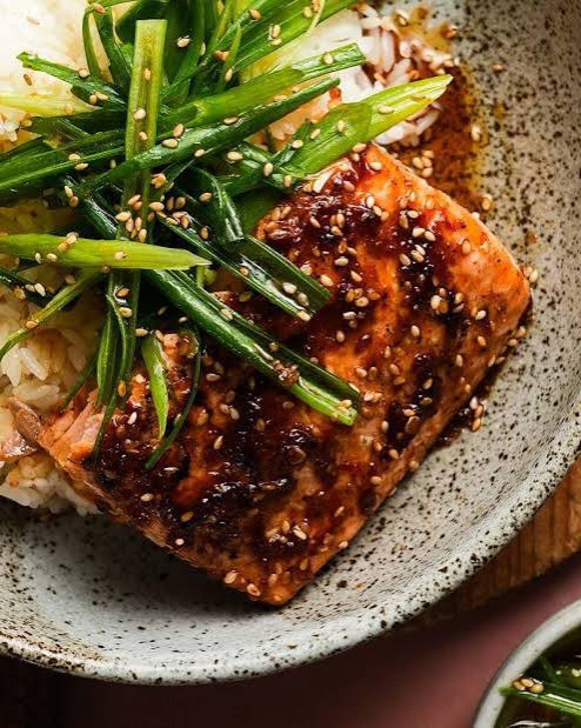 Sesame Ginger Salmon with Charred Shishito Peppers, Stir Fried Green Beans, Brown Rice