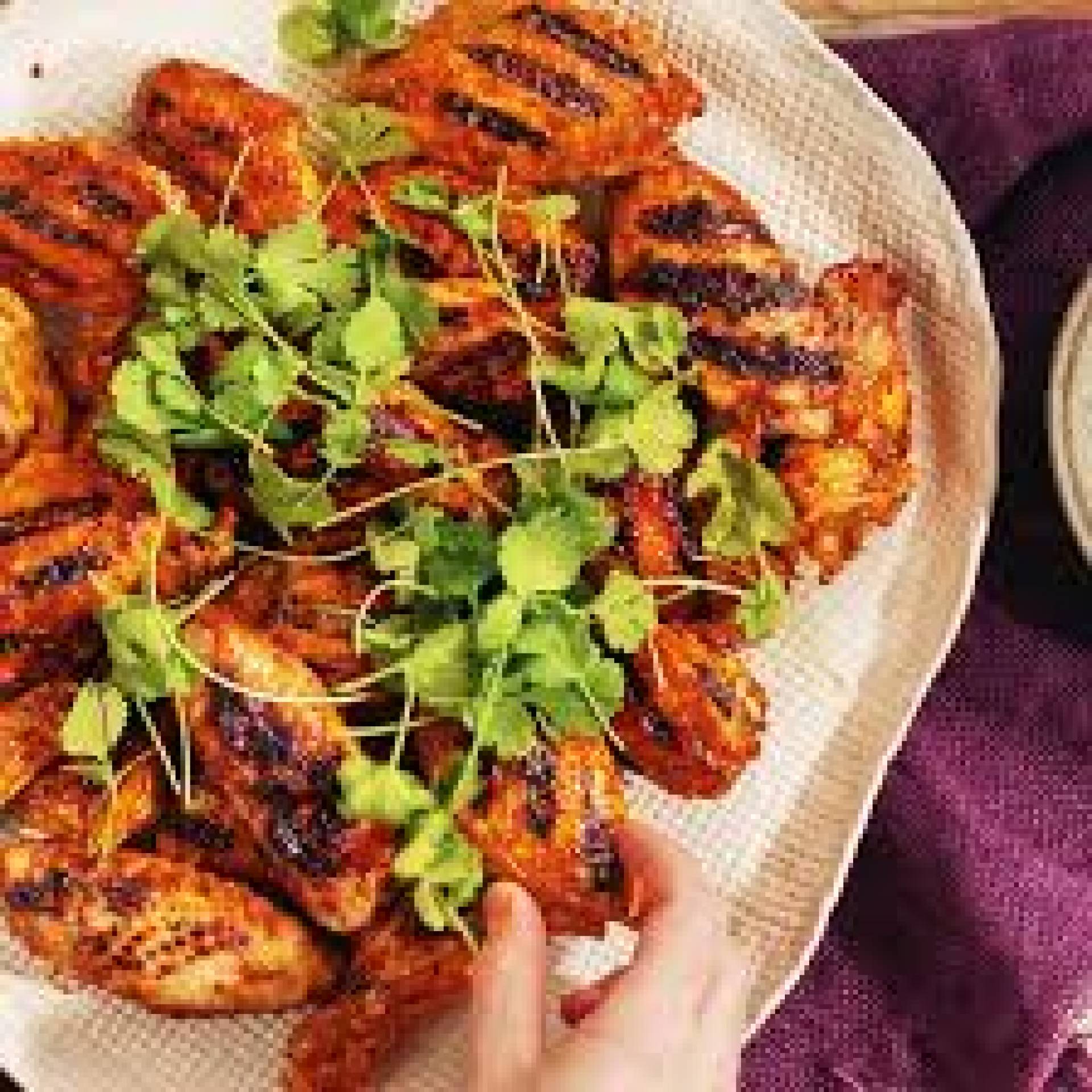 Butter Chicken Party Wings, Tomato Mango Salad, Baby Kale Salad