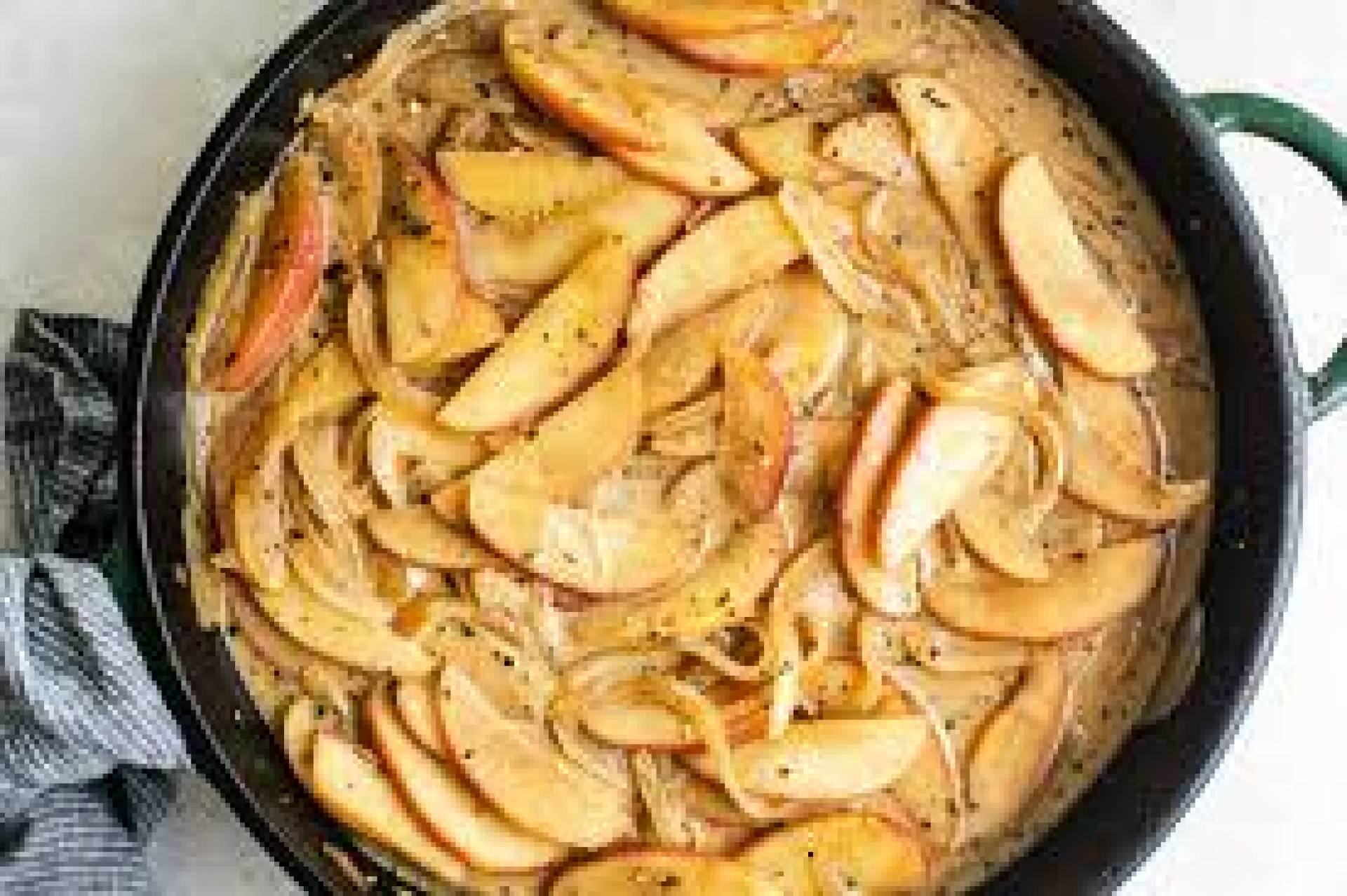 Chicken Thighs with Apples and Onions, Brussels Sprouts with Red Onion, Roasted Potatoes,