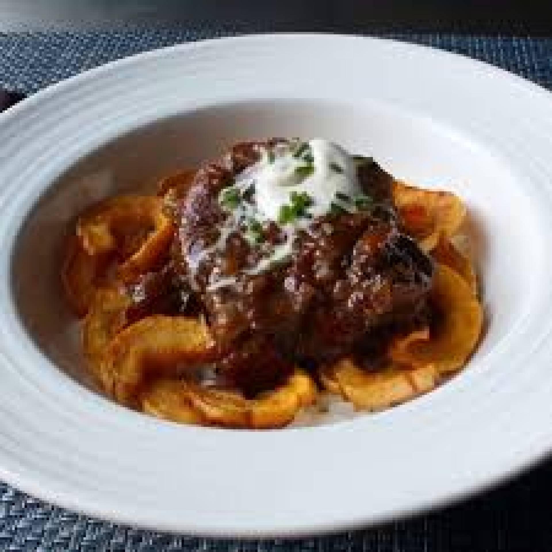 Apple Cider Braised Pork Bowls with Mashed Squash, Sauteed Greens