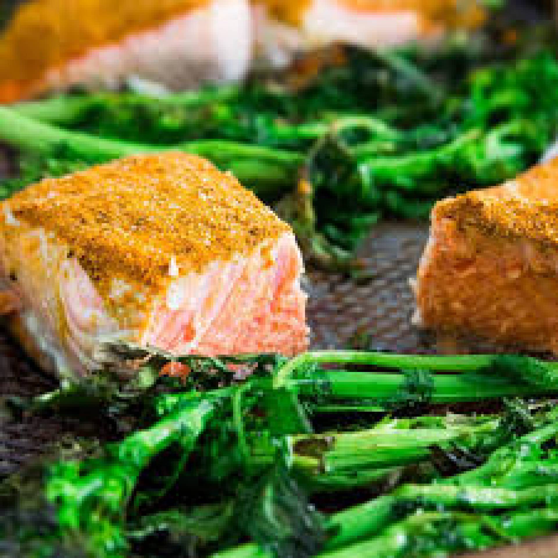 Brown Sugar Salmon, Broccoli Rabe, Quinoa Pilaf