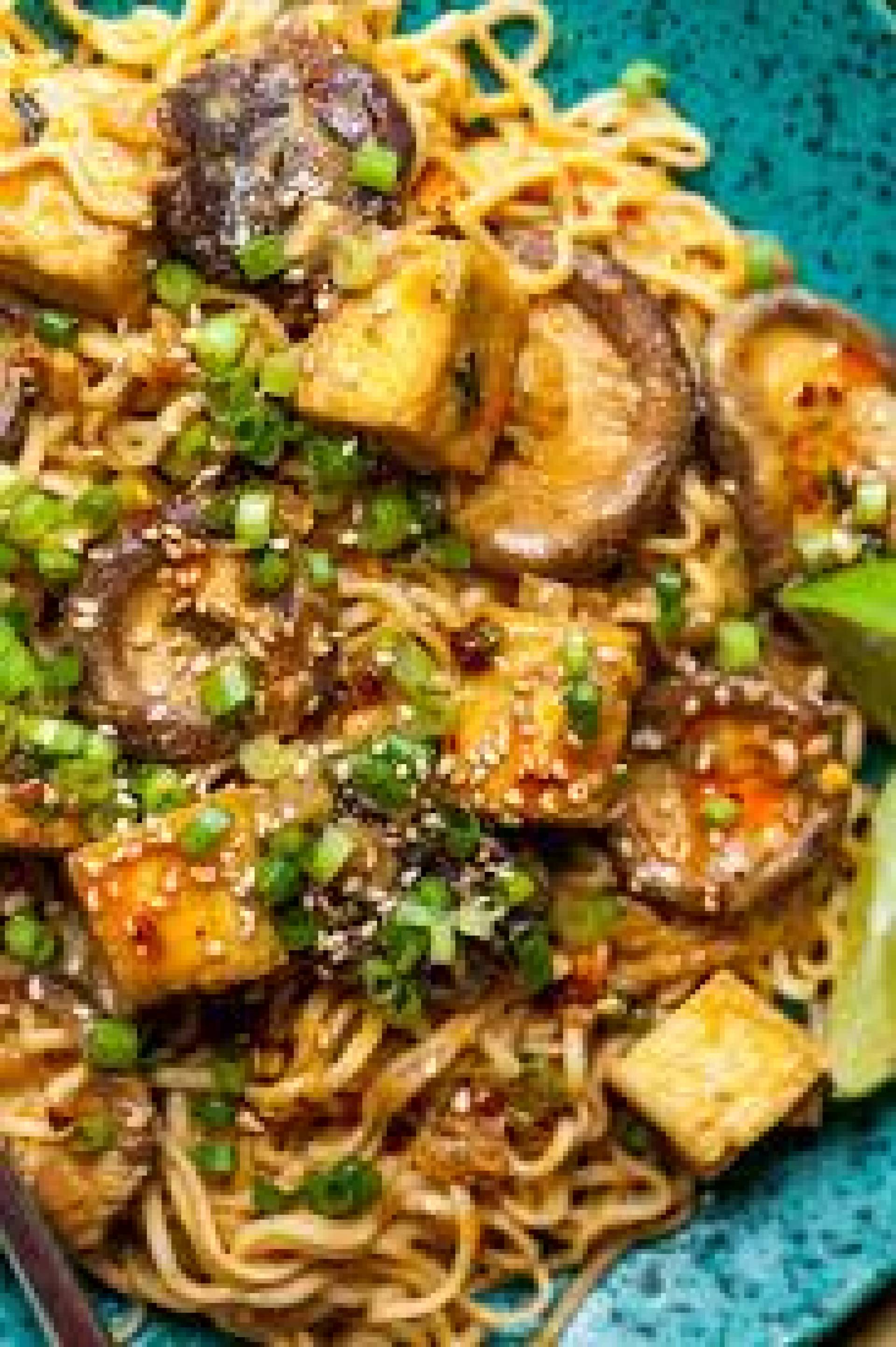 Mushroom Tofu Sesame Noodles, Cucumber Radish Salad, Rice Crackers