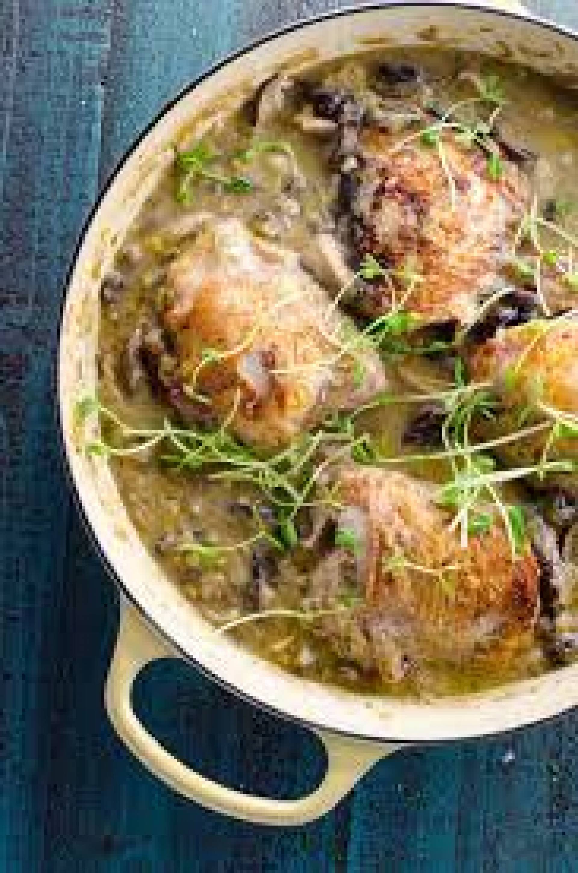 Braised Whole Chicken with Honey and Leeks, Snow Peas and Fingerling Potatoes