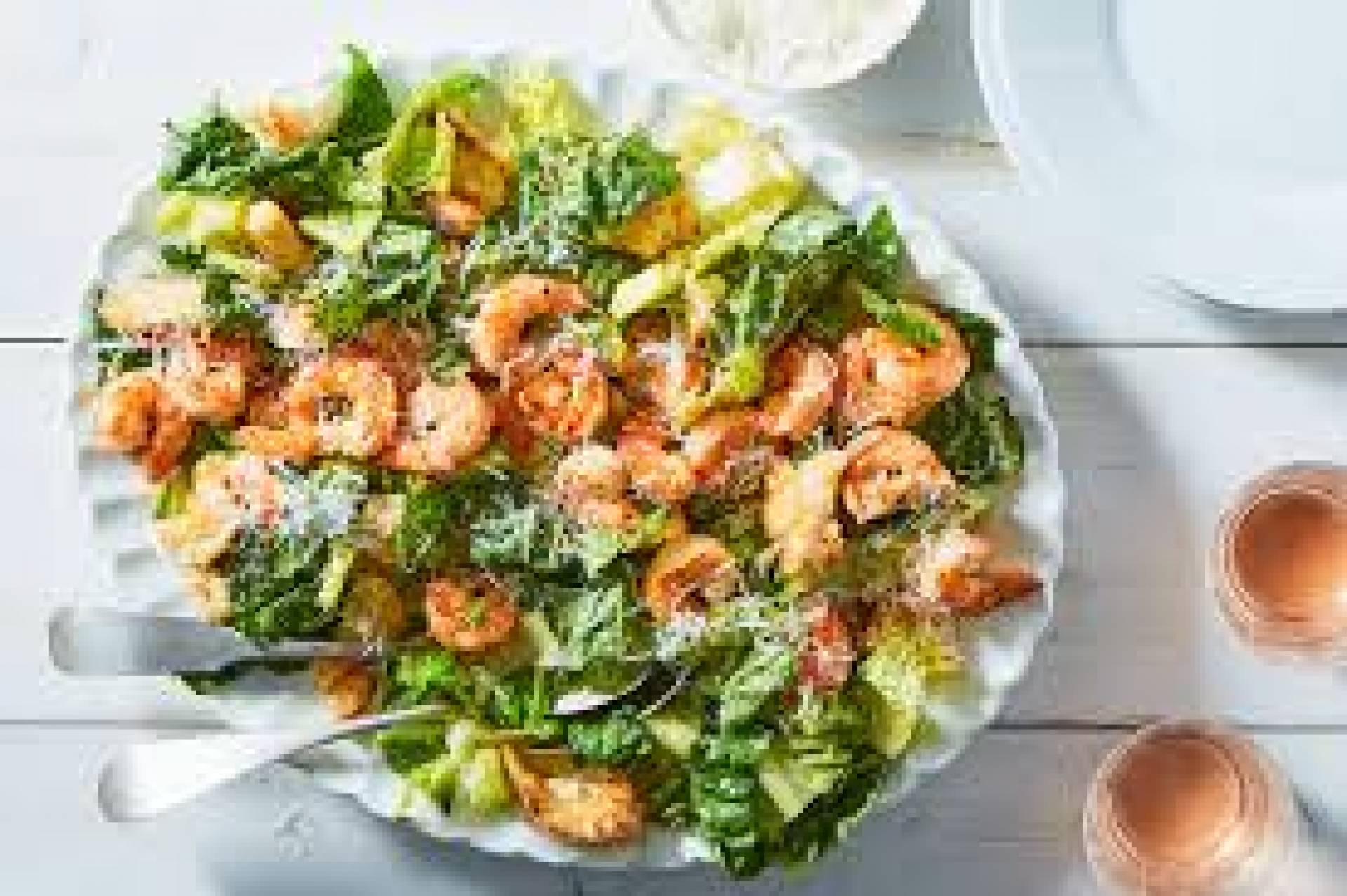GF Shrimp Caesar Salad, Roasted Veggie Flatbreads