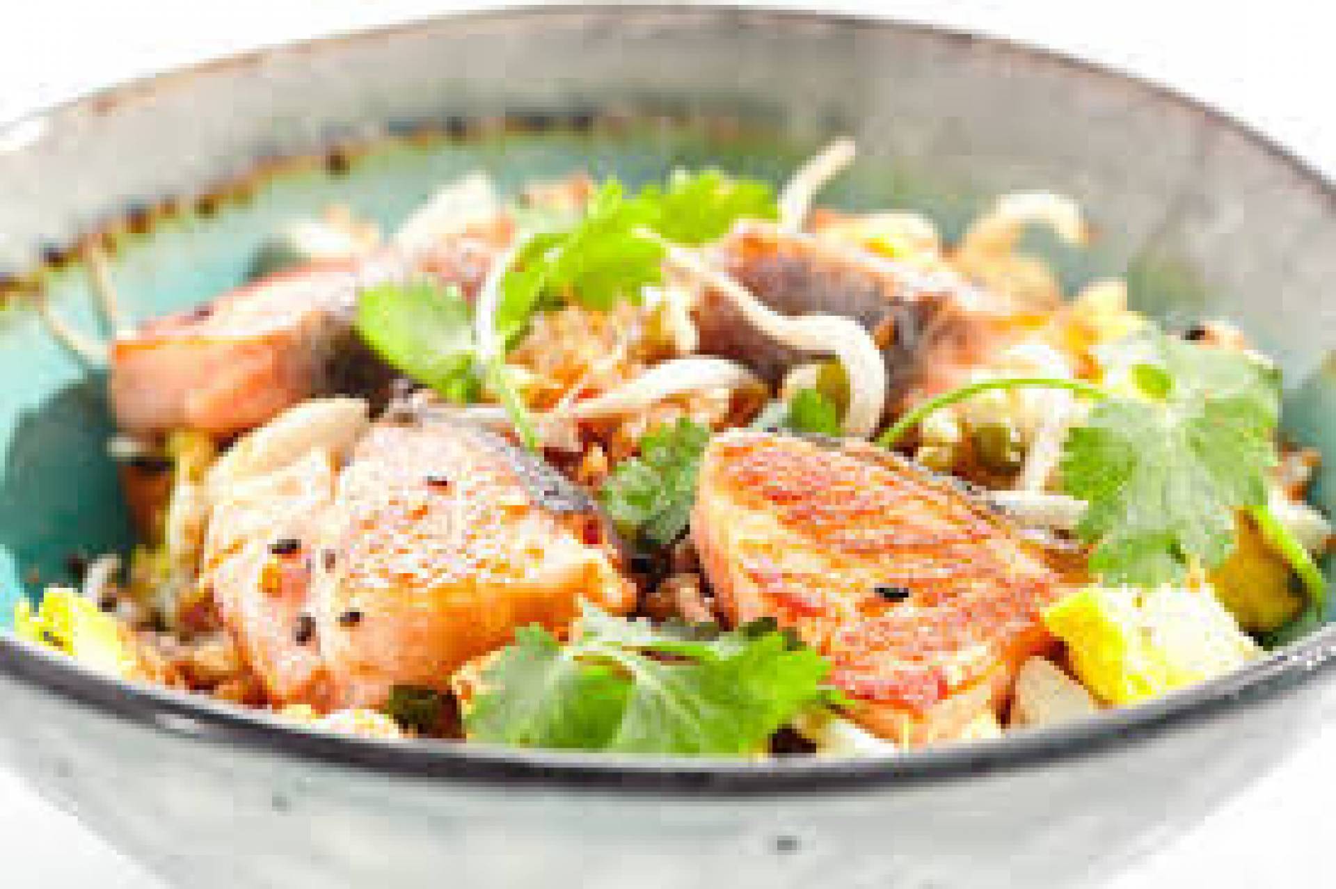 Coconut Miso Salmon Curry with Bok Choy and Greens, Quinoa Pilaf