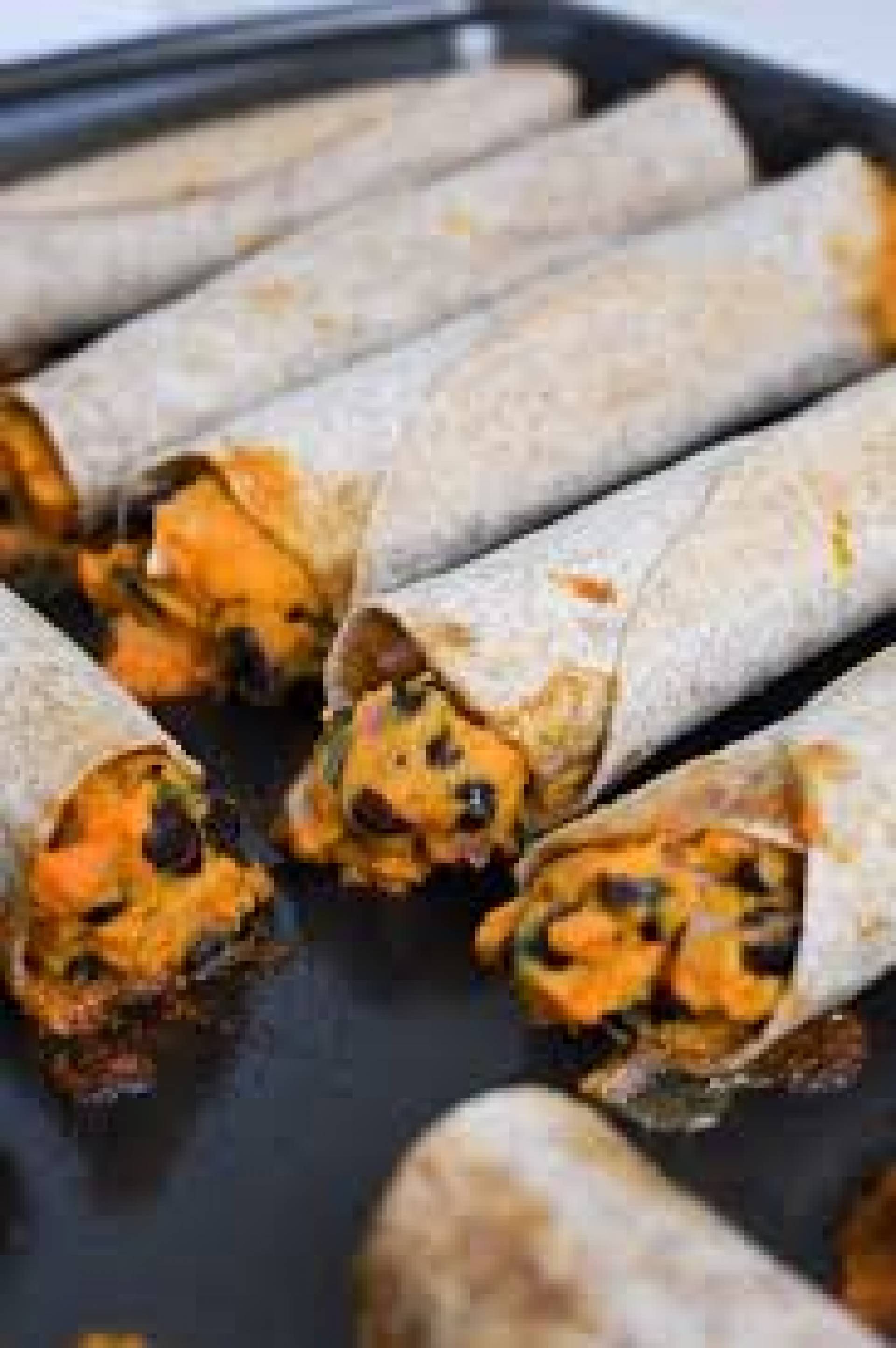 Black Bean and Sweet Potato Baked Taquitos, Cumin Brown Rice