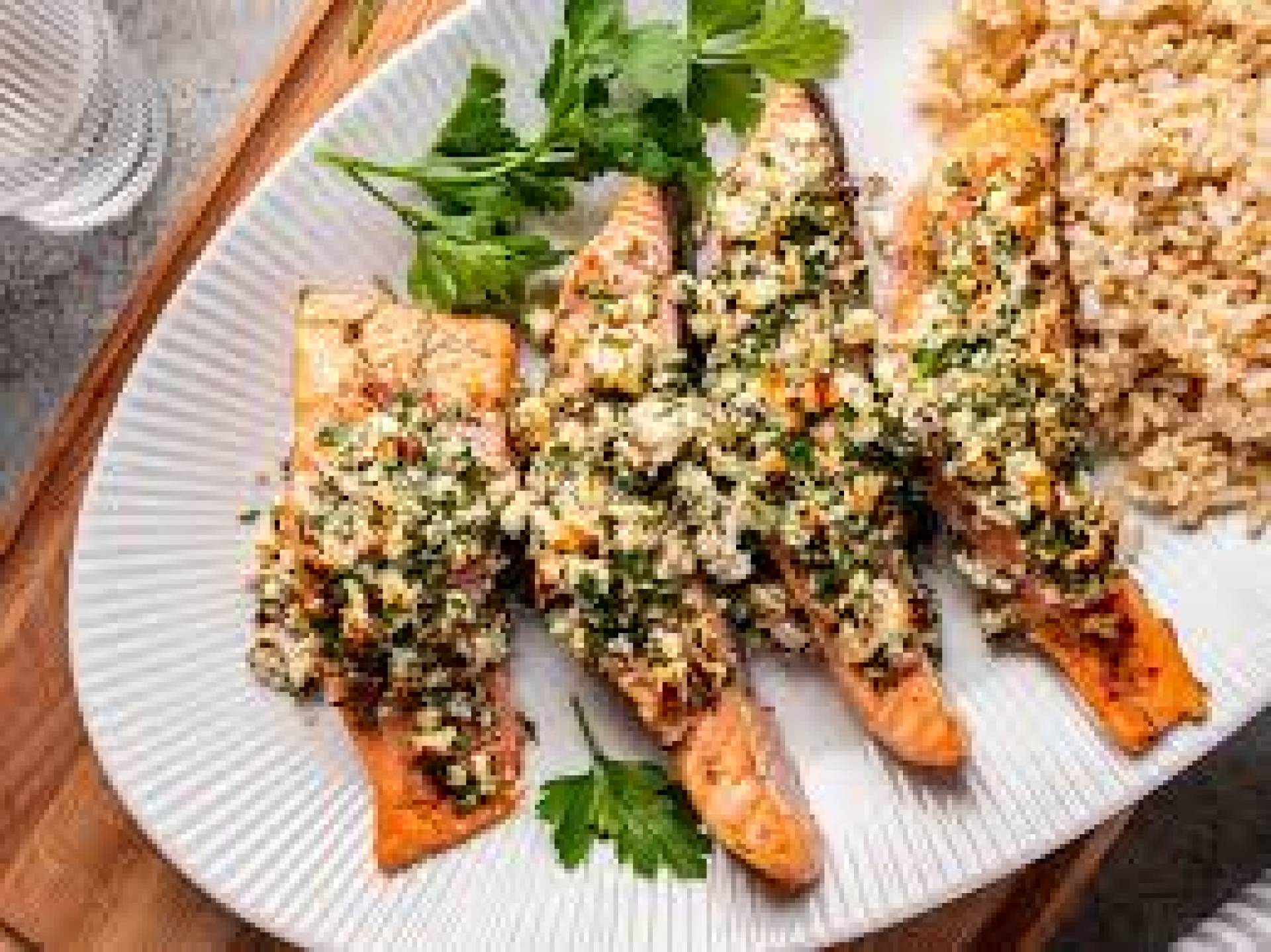 Feta and Herb Crusted Salmon, Lemony Kale, Roasted Potato Wedges