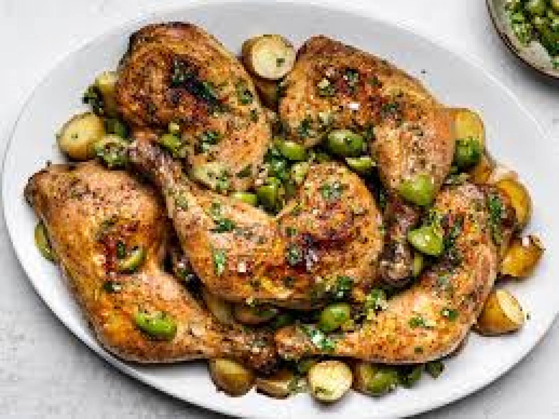 Chicken Legs with Olives and Leeks, Garlic Broccoli, Quinoa Pilaf