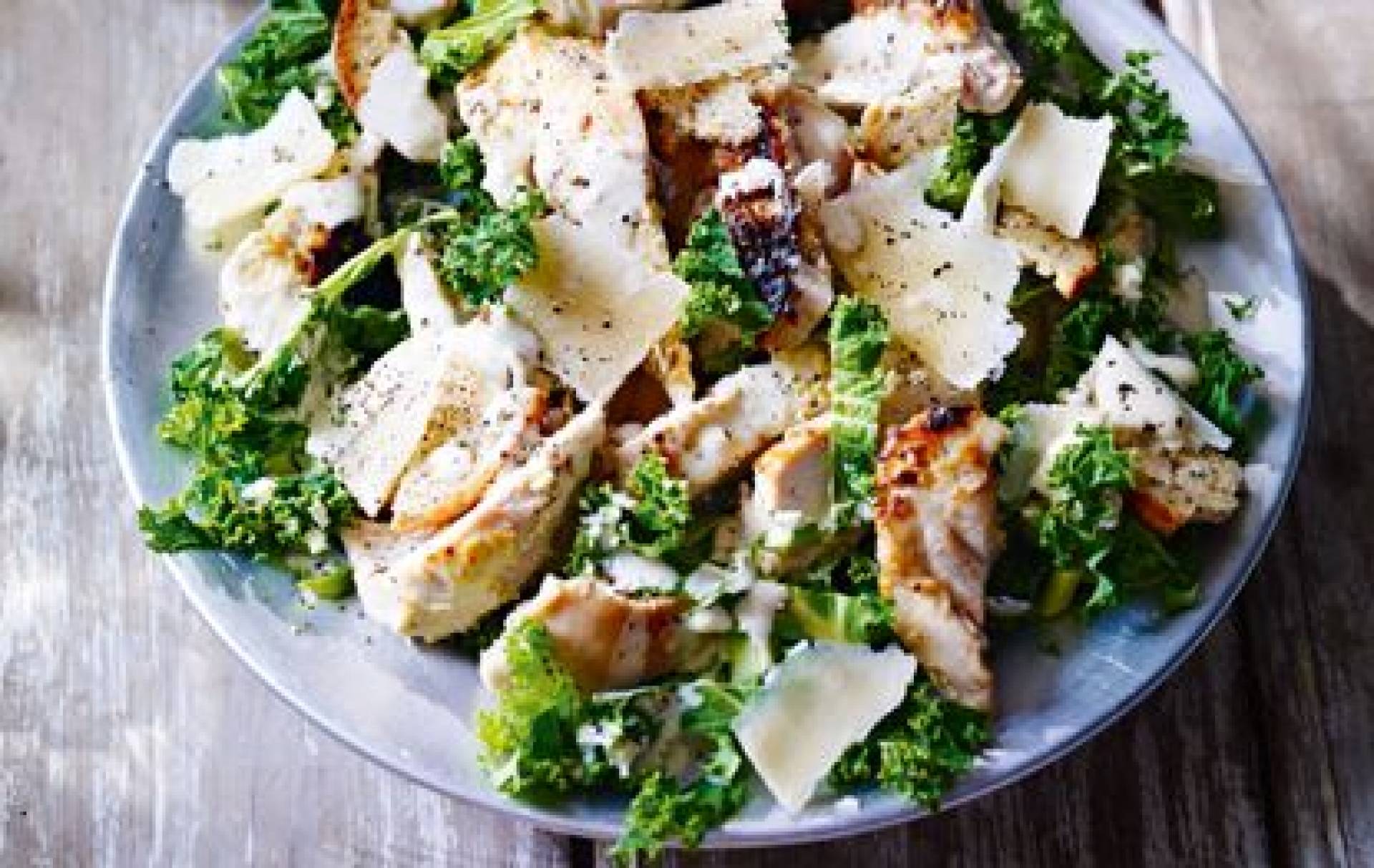 Grilled Chicken Kale Caesar Salad, Herby Garlic Bread