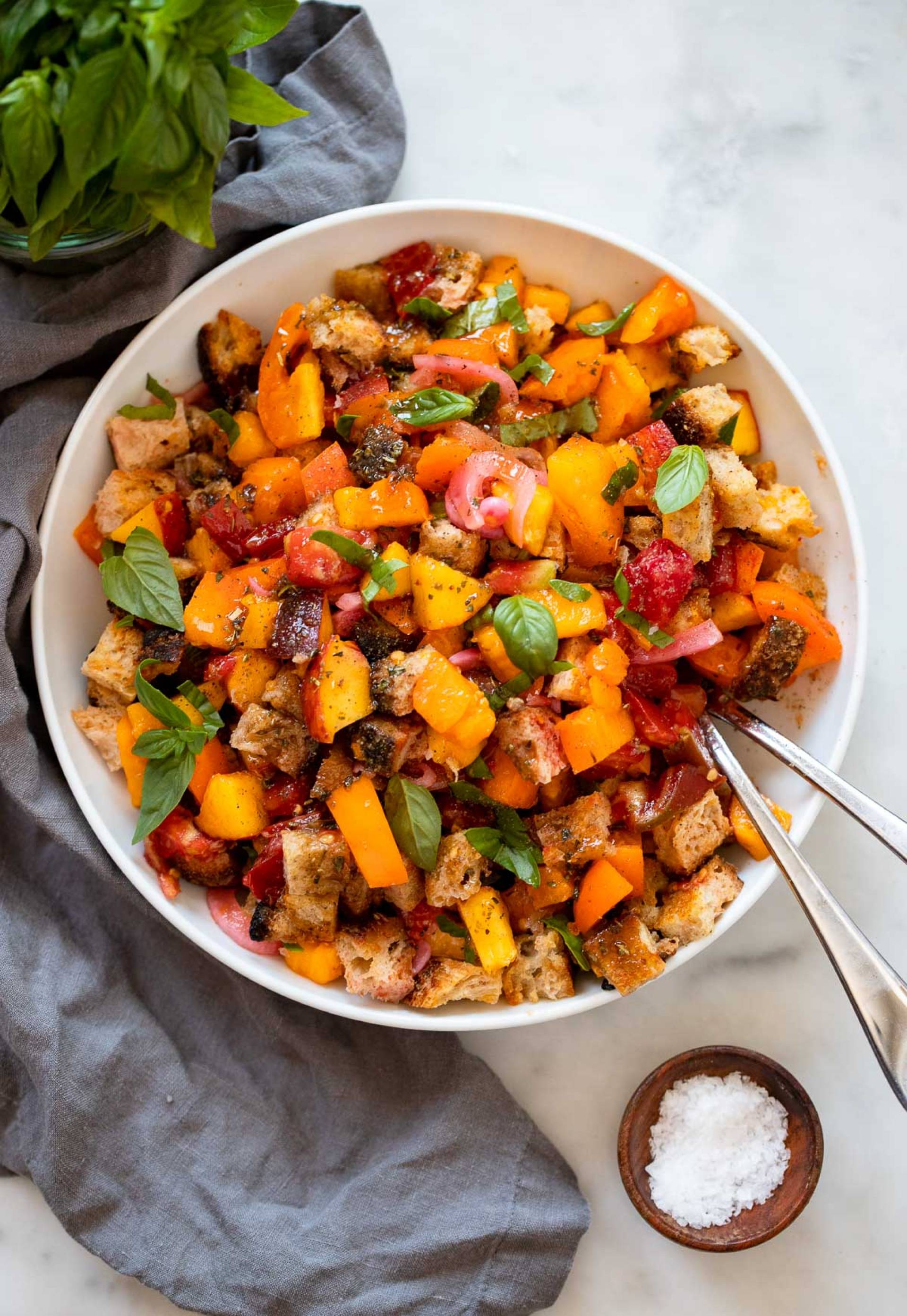 GF Gazpacho, Shrimp Peach Panzanella Salad