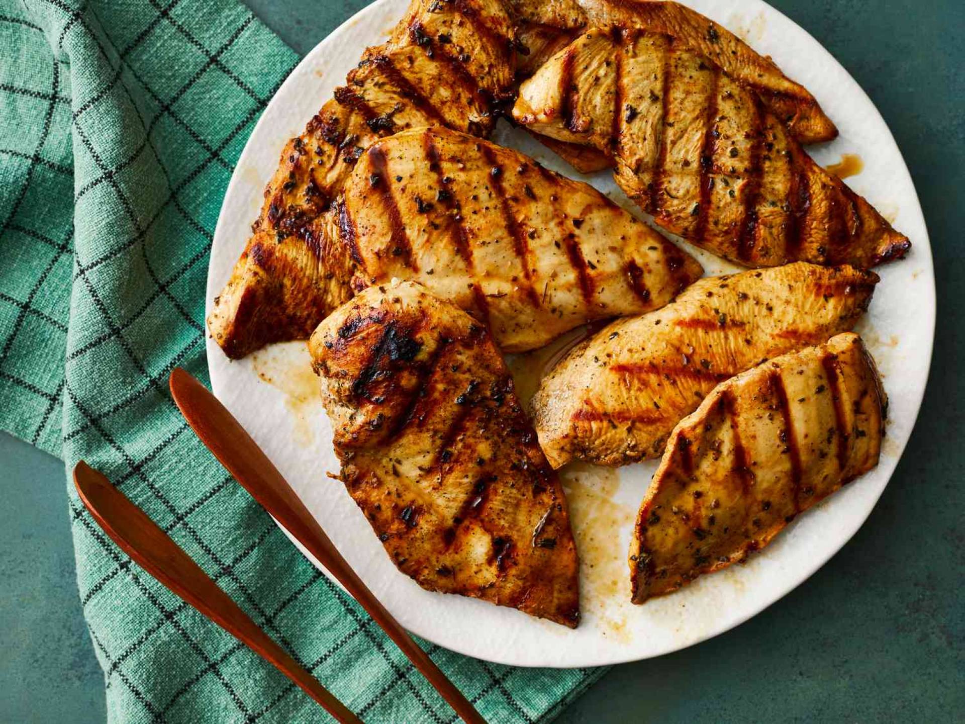 Grilled Chicken Breasts, Einkorn Wheatberry Salad with Local Veggies, Garlic Bread