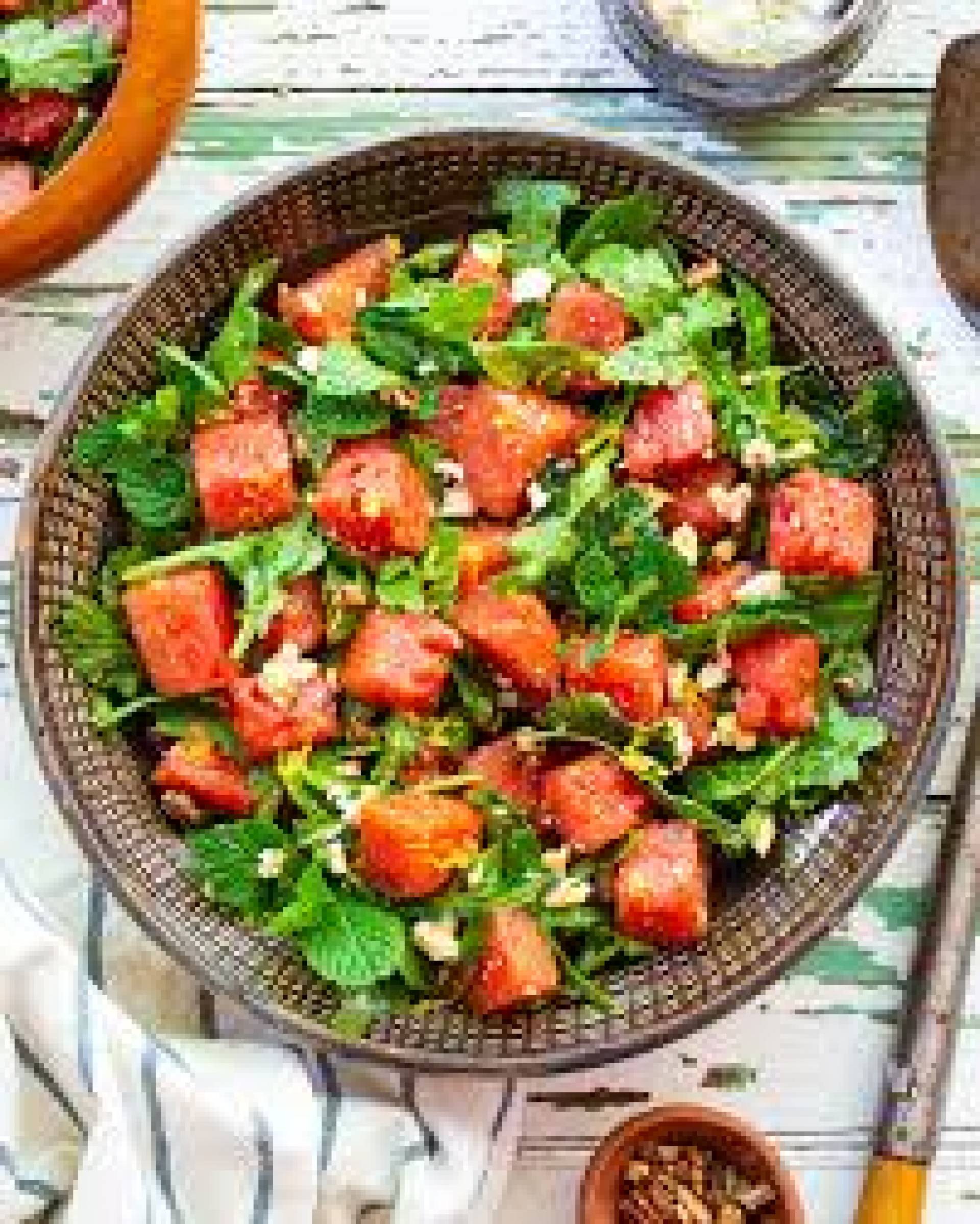 Lentil Stuffed Poblano Peppers, Watermelon Salad