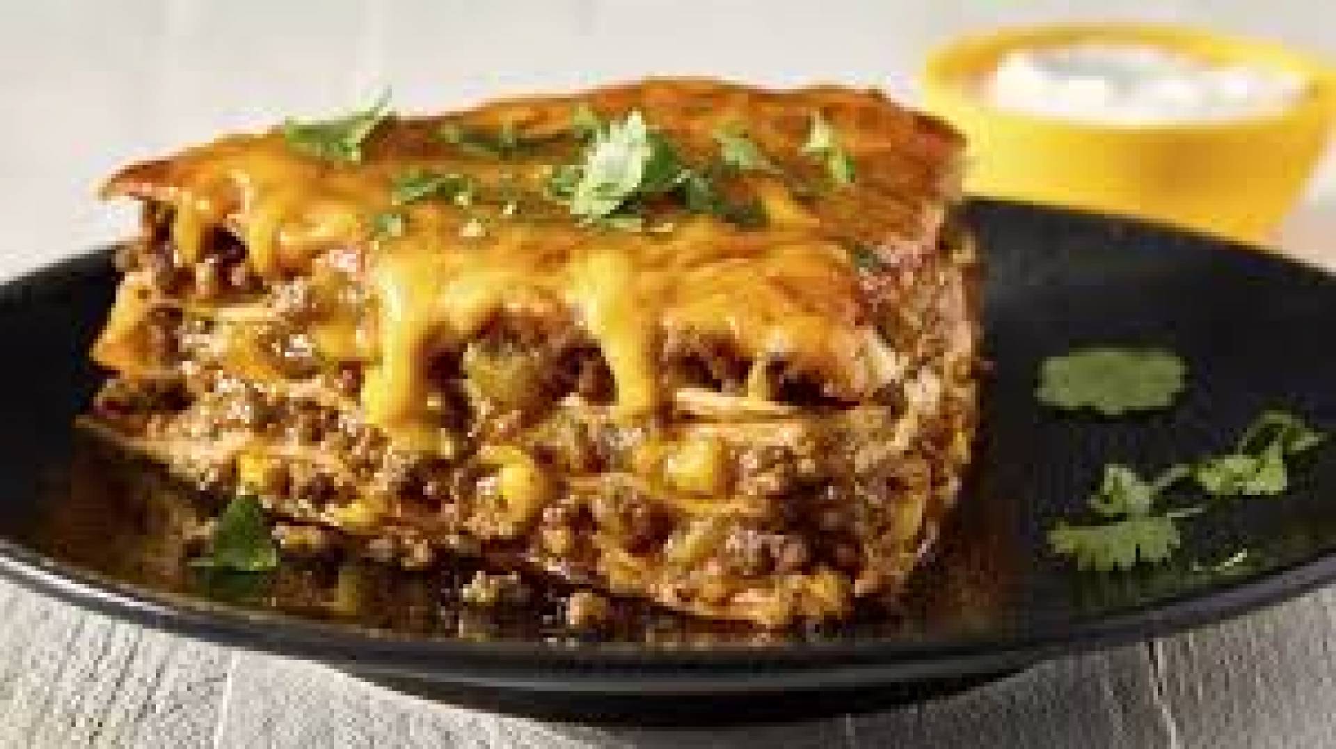 Beef Enchilada Pie, Creamy Chili Lime Corn, Arugula Salad