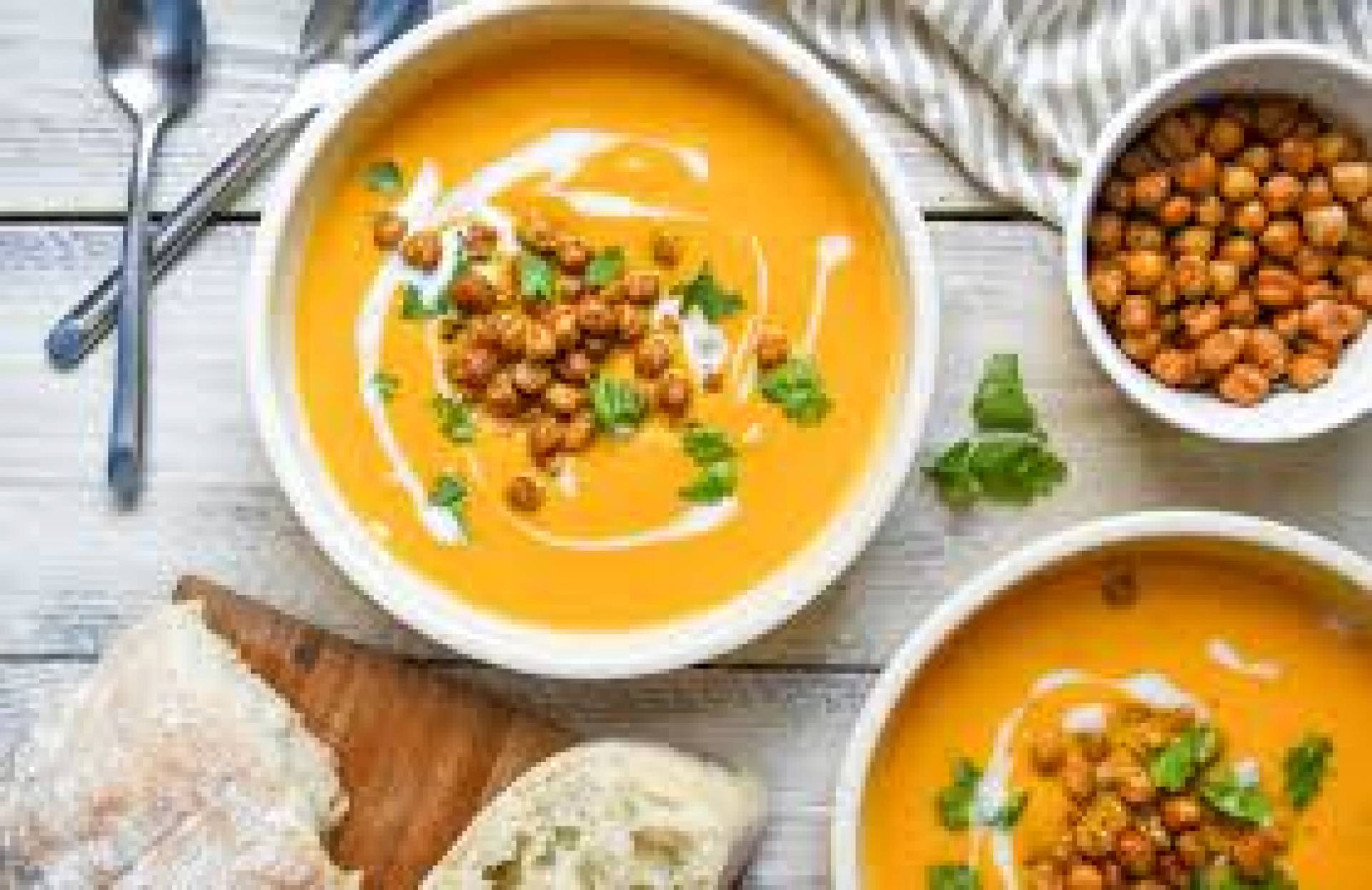 Carrot Ginger Soup with Crispy Spiced Chickpeas, Kale Caesar Salad