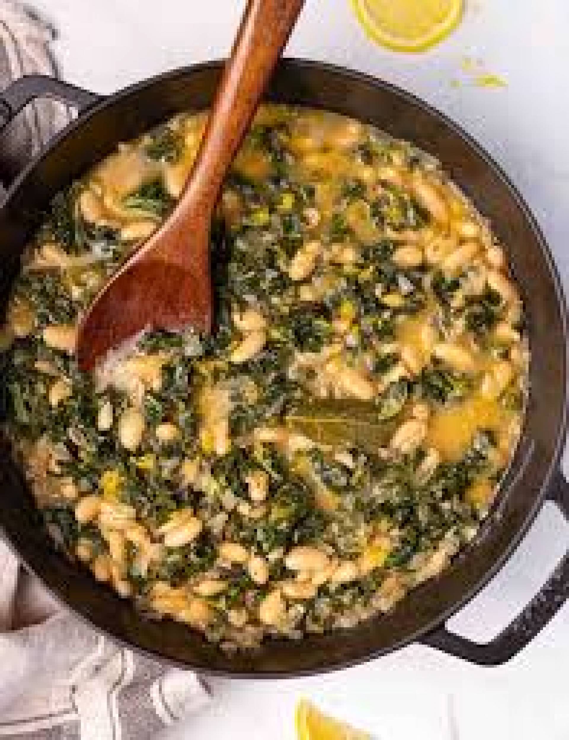 Sauteed Greens with Sweet Potatoes, White Beans, Shaved Brussels and Mushrooms, Herby Flatbreads