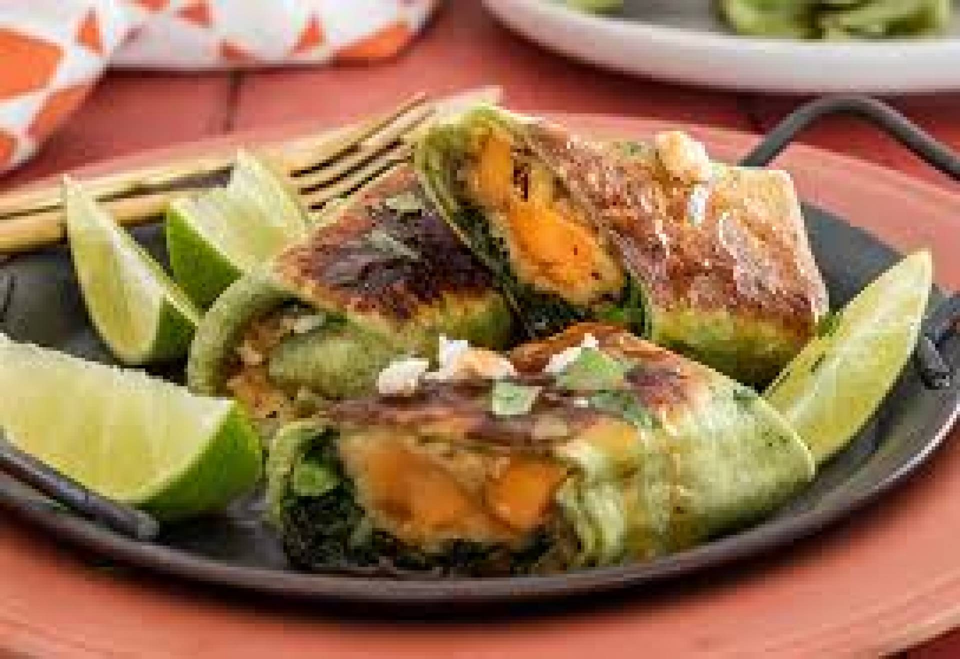 GF Sweet Potato, Kale and Portobello Burritos, Cabbage Slaw, Guacamole, Chipotle Crema