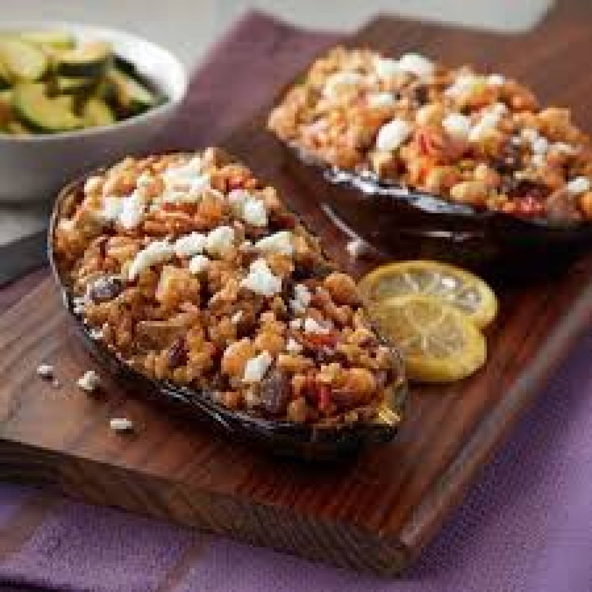 Lebanese Chicken Stuffed Eggplant with Tomato Broth, Quinoa Pilaf