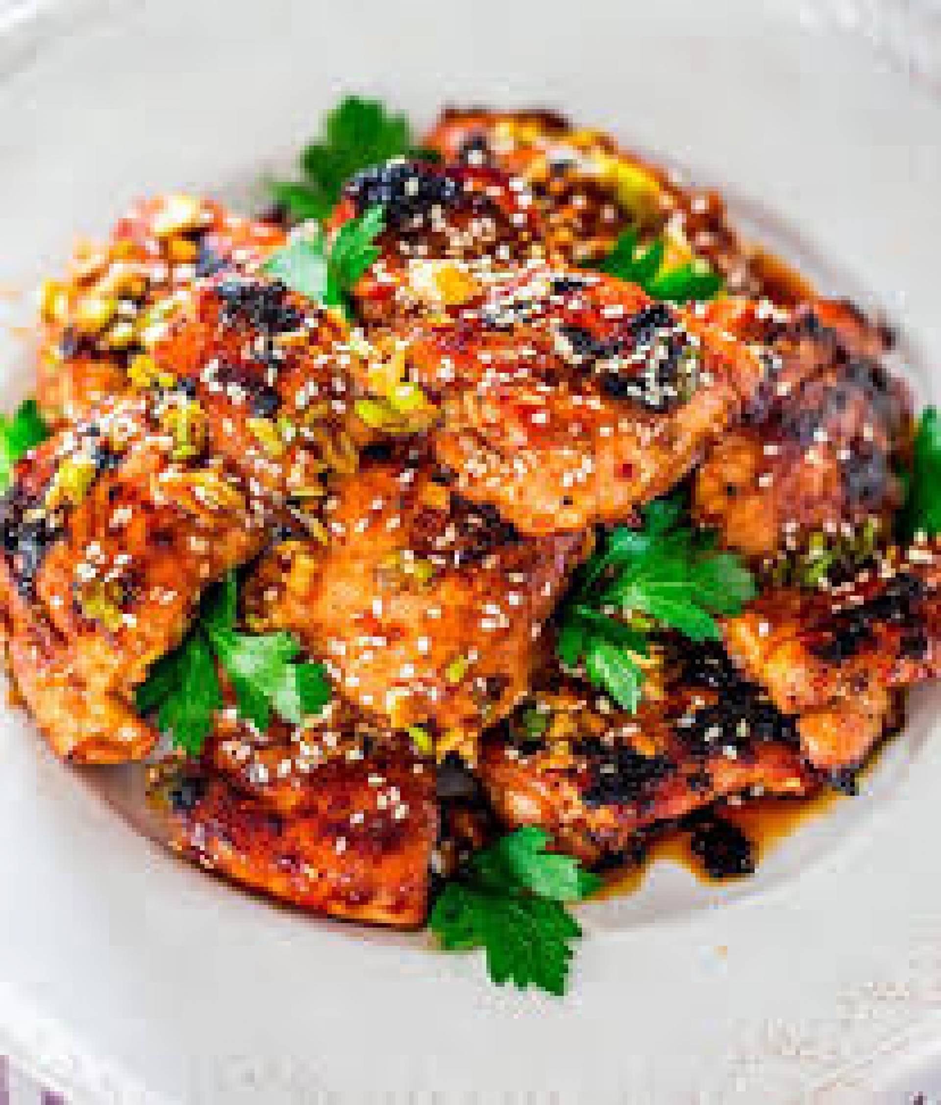 Harissa Chicken Thighs, Grilled Squash with Feta and Pepitas, White Rice