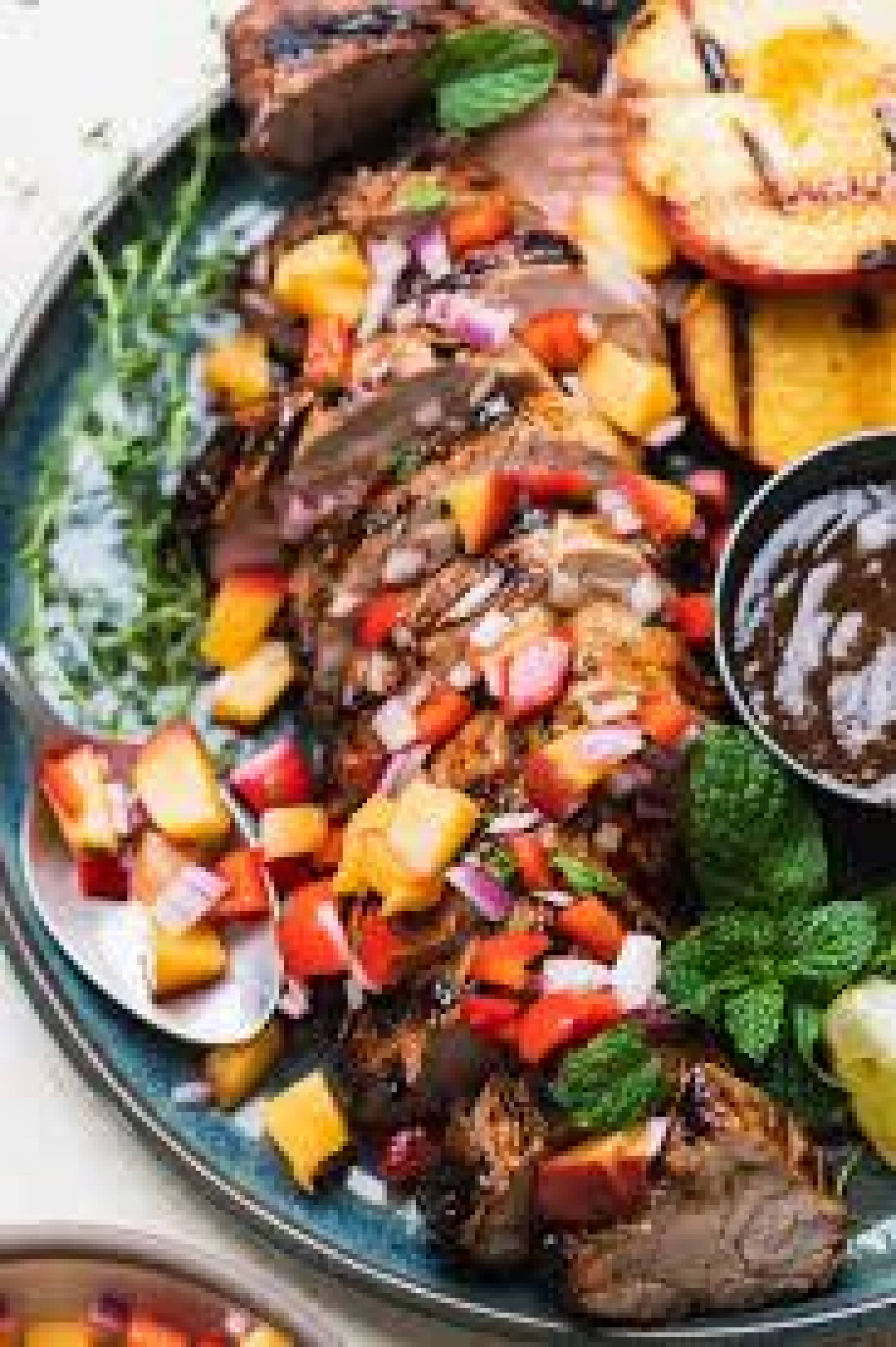 Rosemary Mustard Pork Tenderloin with Peach Salsa, Tomato Zucchini Saute, Mashed Potatoes