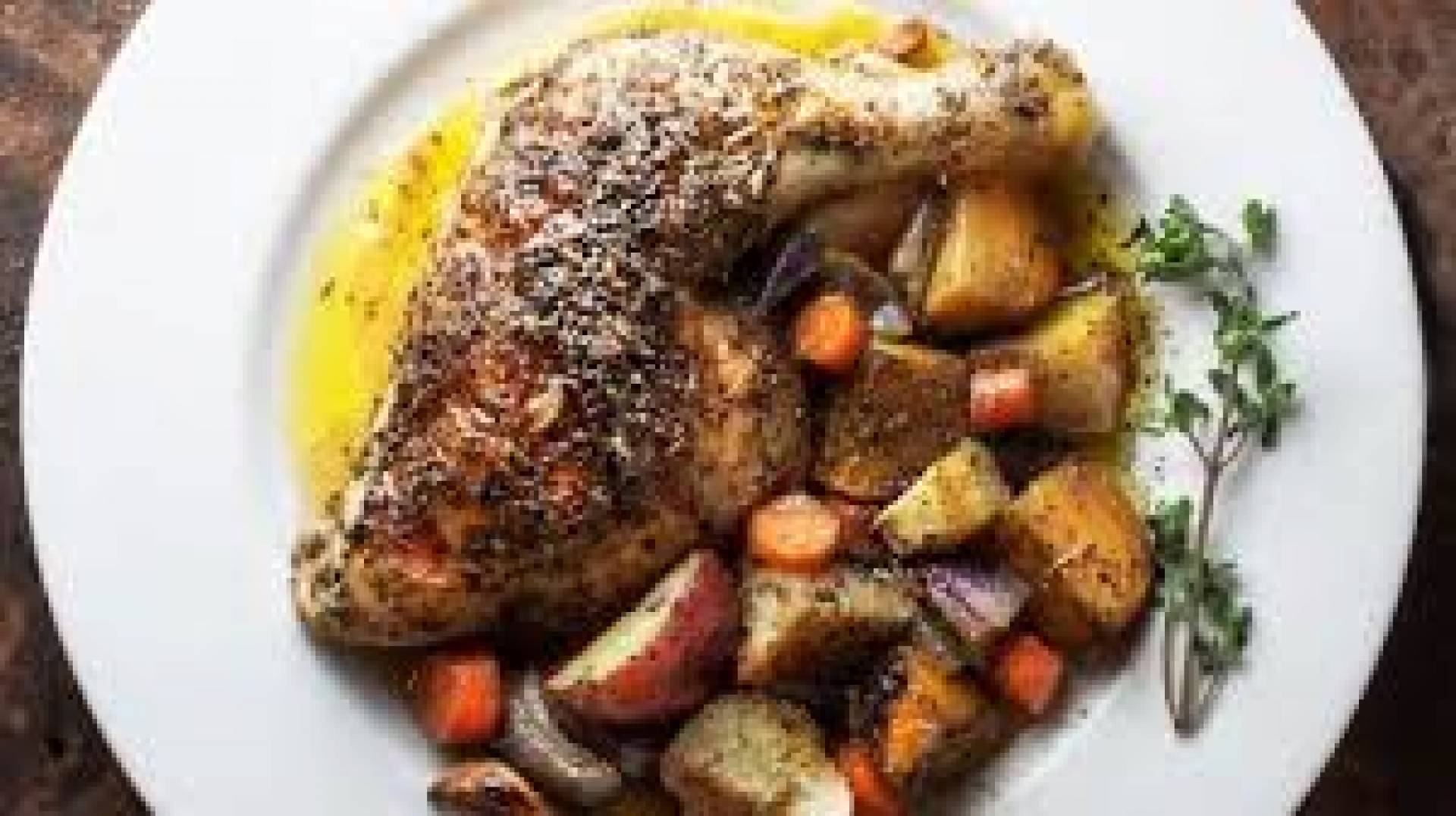 Whole Roasted Chicken with Nectarines and Leeks, Wax Beans, Farro Pilaf