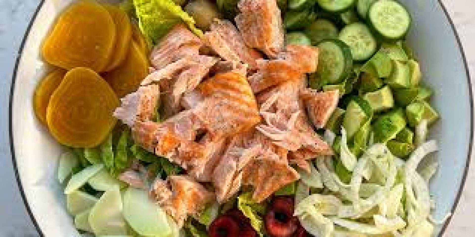GF DF Beet Salmon Salad with Horseradish Yogurt Dressing, French Bread