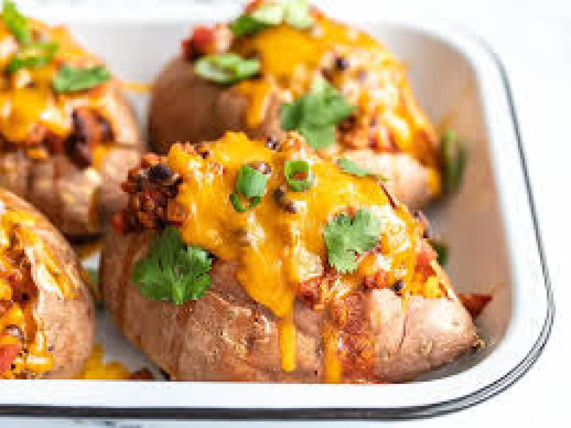 Beef Chili Stuffed Sweet Potatoes, Roasted Corn Salad