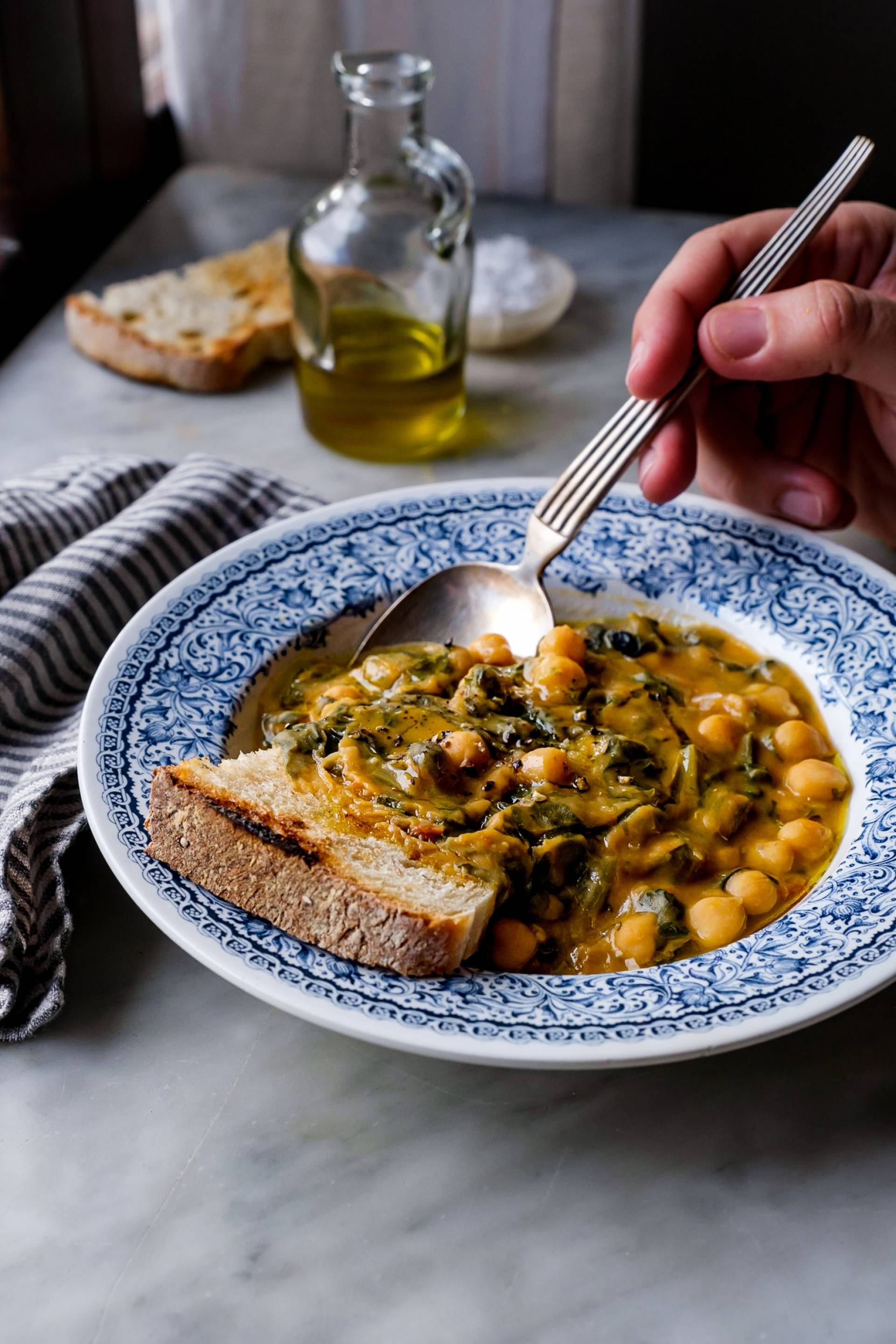 GF Tuscan Chickpea and Chard Stew, Arugula Salad, Garlic Bread