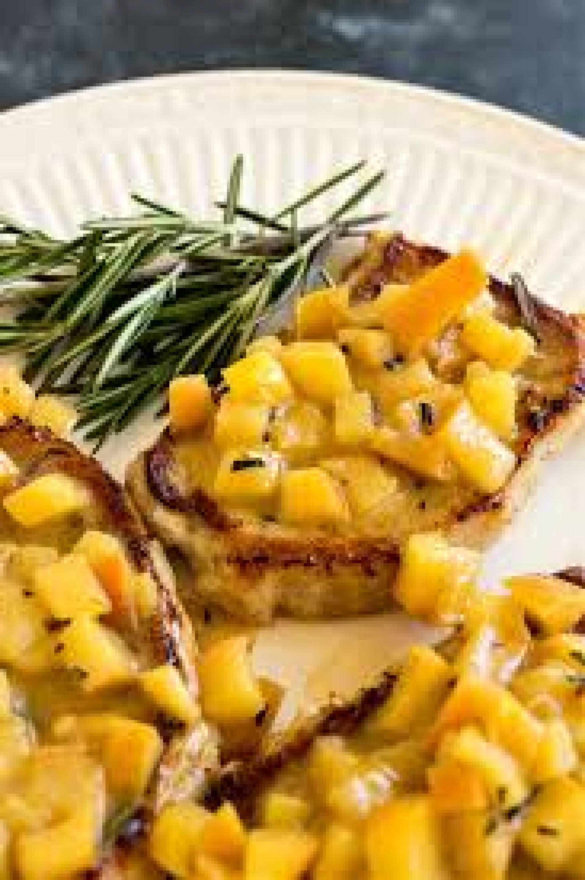 Pork Chops in a (DF) Creamy Apple Mustard Sauce, Roasted Squash, Potato Wedges