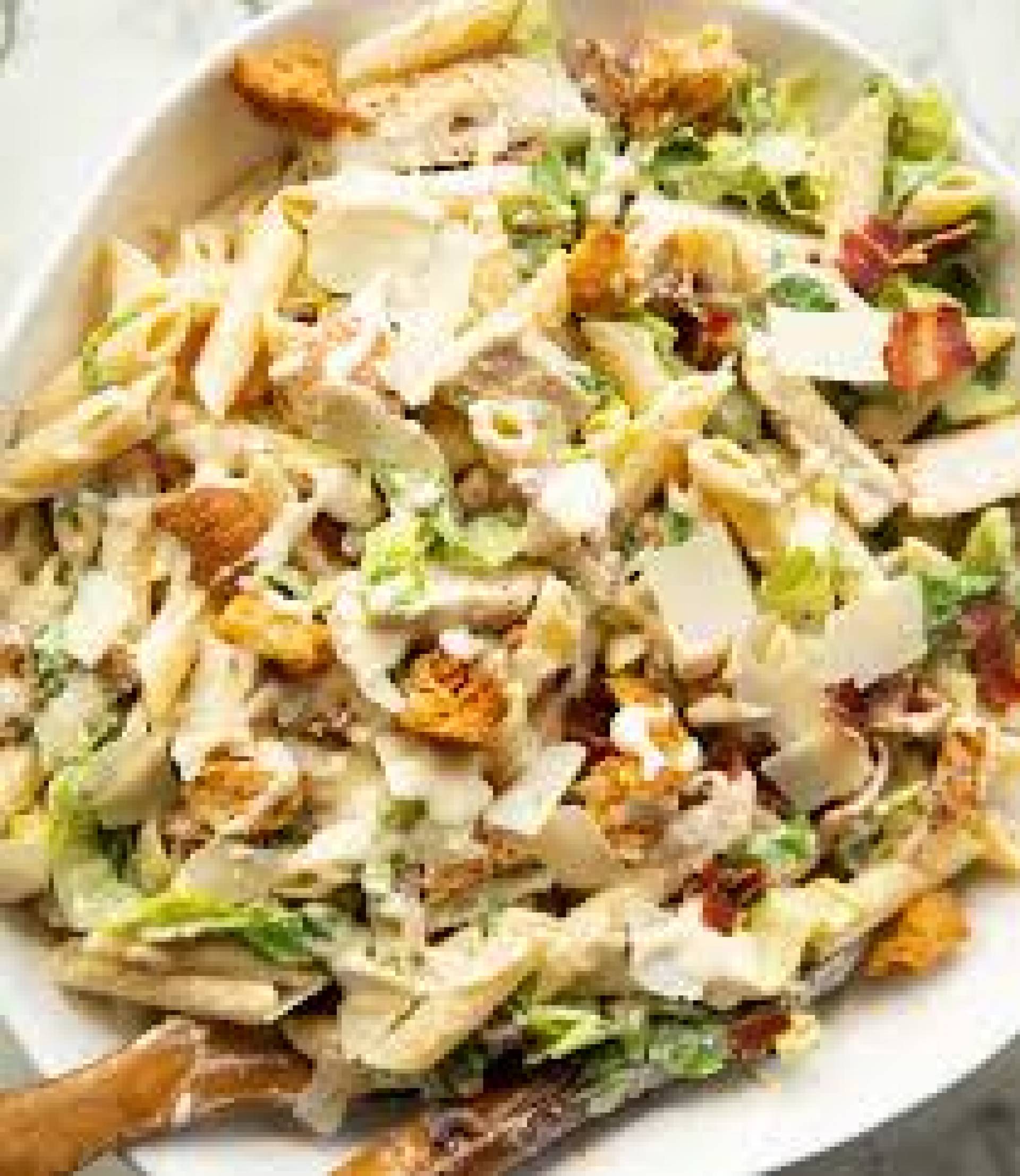 Chicken Caesar Pasta Salad, Fruit Salad, Garlic Bread
