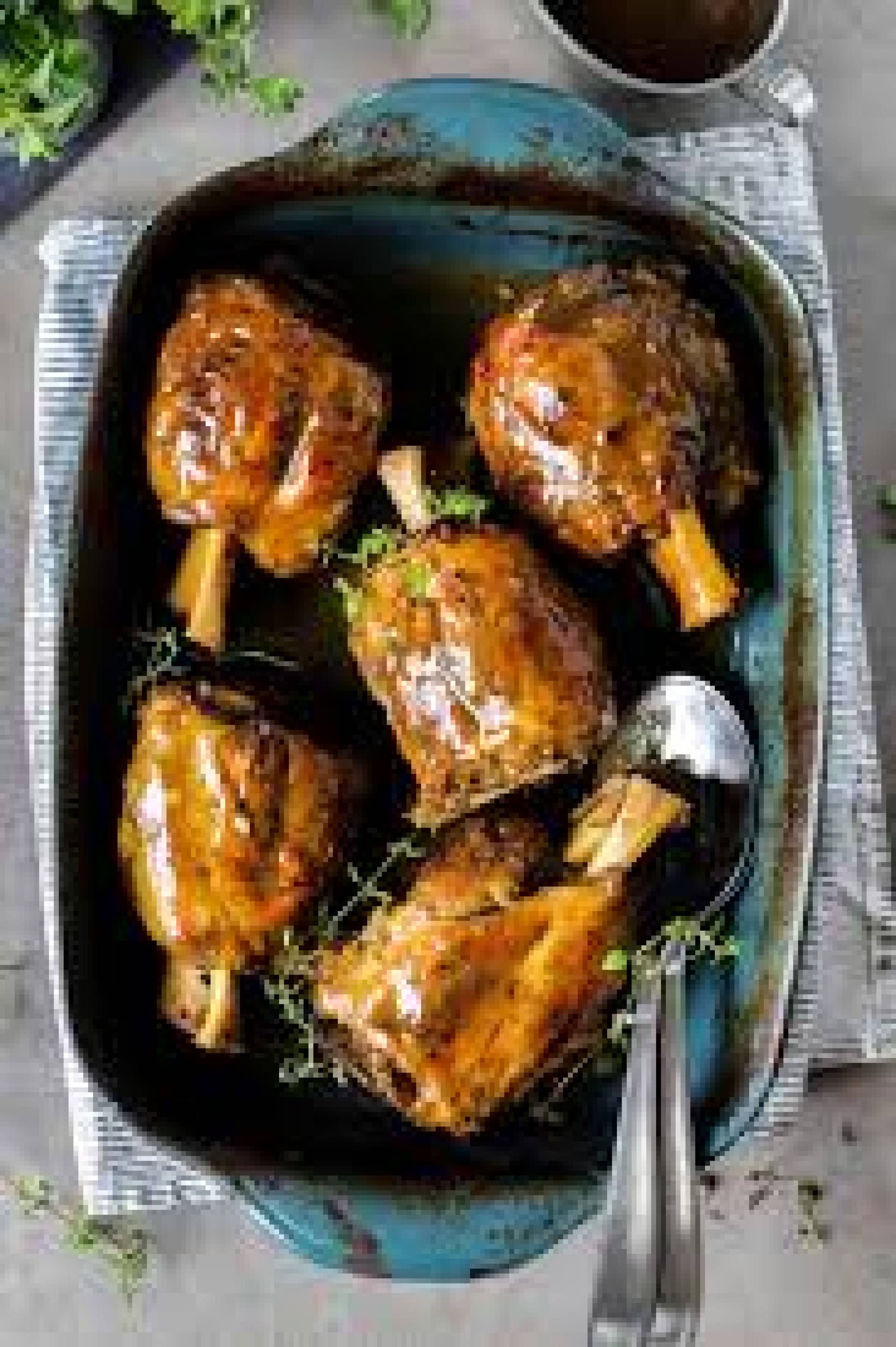 Rhubarb Braised Pork Shanks, Green Beans, Mashed Potatoes