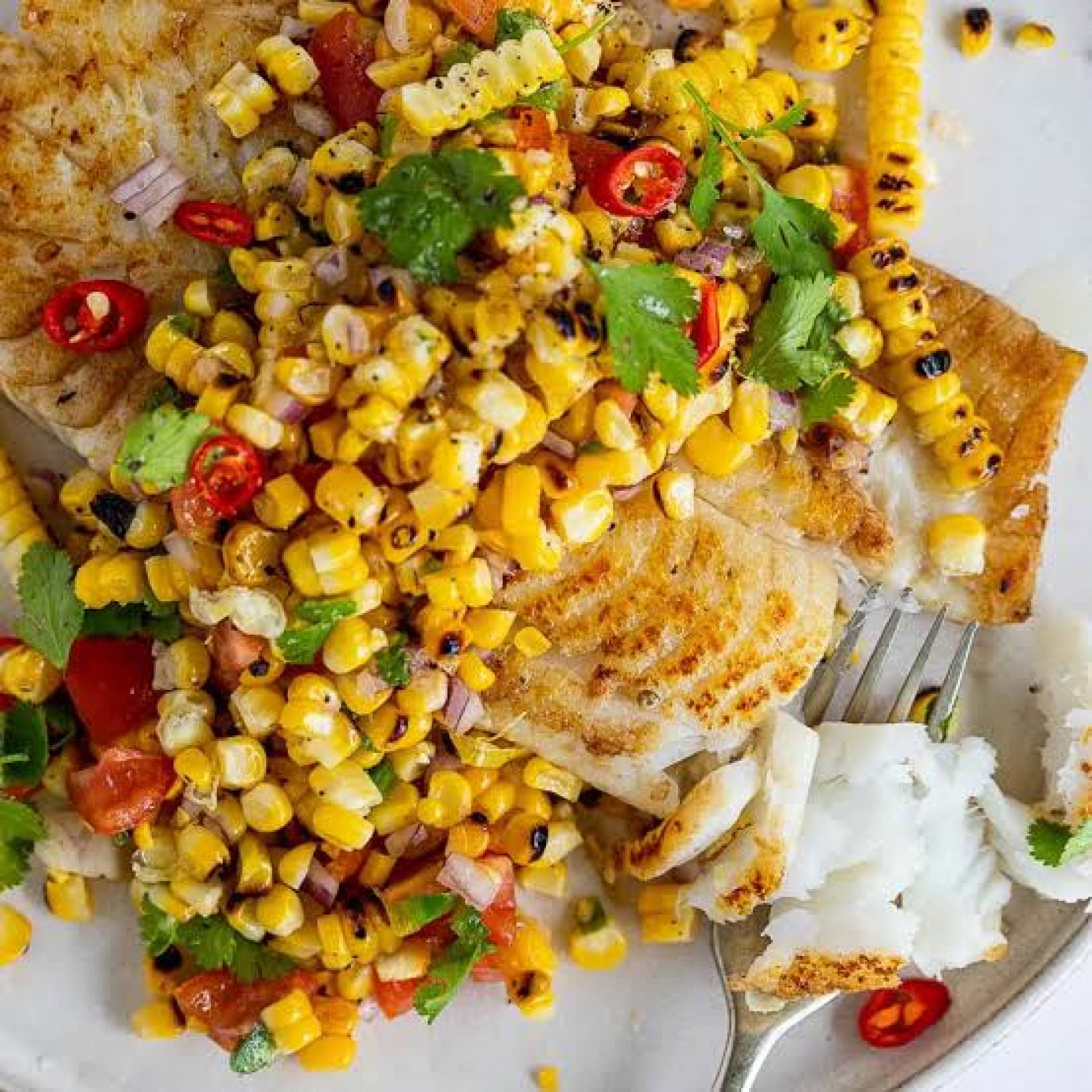 Baked Cod over Creamy Corn Salad, Garlic Bread